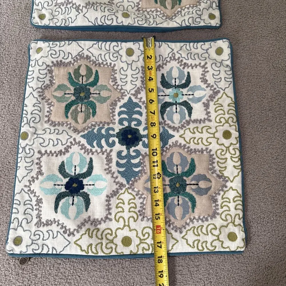 Pier 1 Imports Set 2 Embroidered 18x18 Pillow Covers Teal Medallion Boho EUC